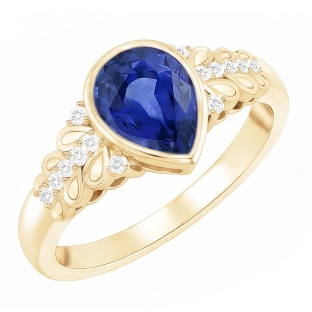 Bezel Set Pear Ceylon Sapphire & Natural Earth Mined Diamond ( Not Lab Grown ) Ring Yellow Gold 4...