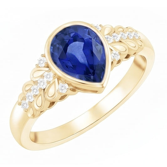 Bezel Set Pear Ceylon Sapphire & Natural Earth Mined Diamond ( Not Lab Grown ) Ring Yellow Gold 4...