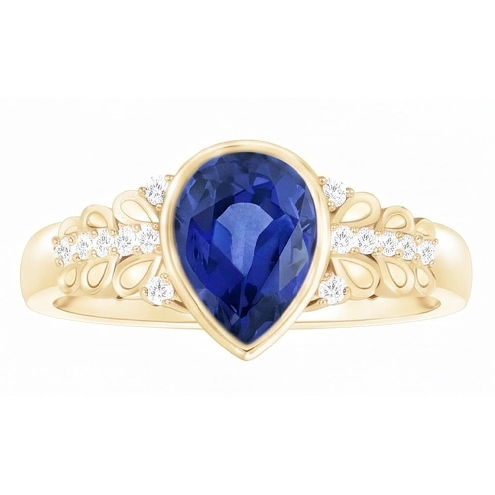 Bezel Set Pear Ceylon Sapphire & Natural Earth Mined Diamond ( Not Lab Grown ) Ring Yellow Gold 4...