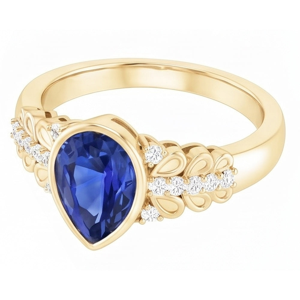 Bezel Set Pear Ceylon Sapphire & Natural Earth Mined Diamond ( Not Lab Grown ) Ring Yellow Gold 4...