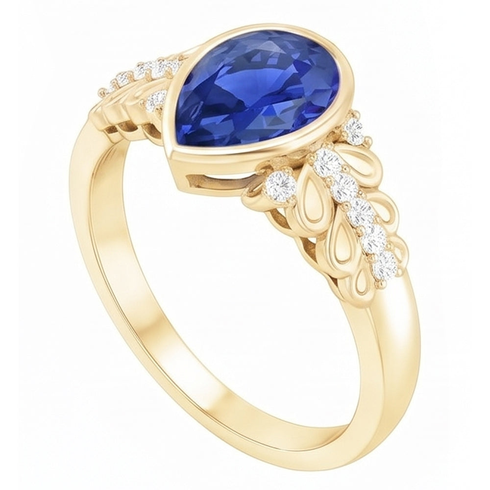 Bezel Set Pear Ceylon Sapphire & Natural Earth Mined Diamond ( Not Lab Grown ) Ring Yellow Gold 4...