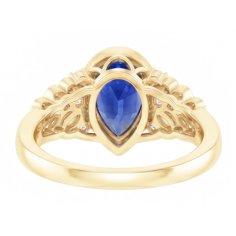 Bezel Set Pear Ceylon Sapphire & Natural Earth Mined Diamond ( Not Lab Grown ) Ring Yellow Gold 4...