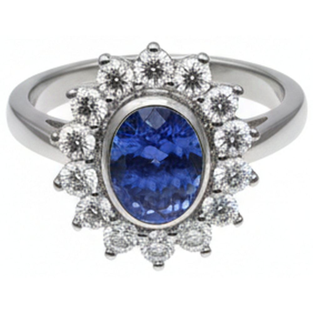 Bezel Set Tanzanite Oval Natural Earth Mined Diamond ( Not Lab Grown )  3.30 Carats Ring White Gold