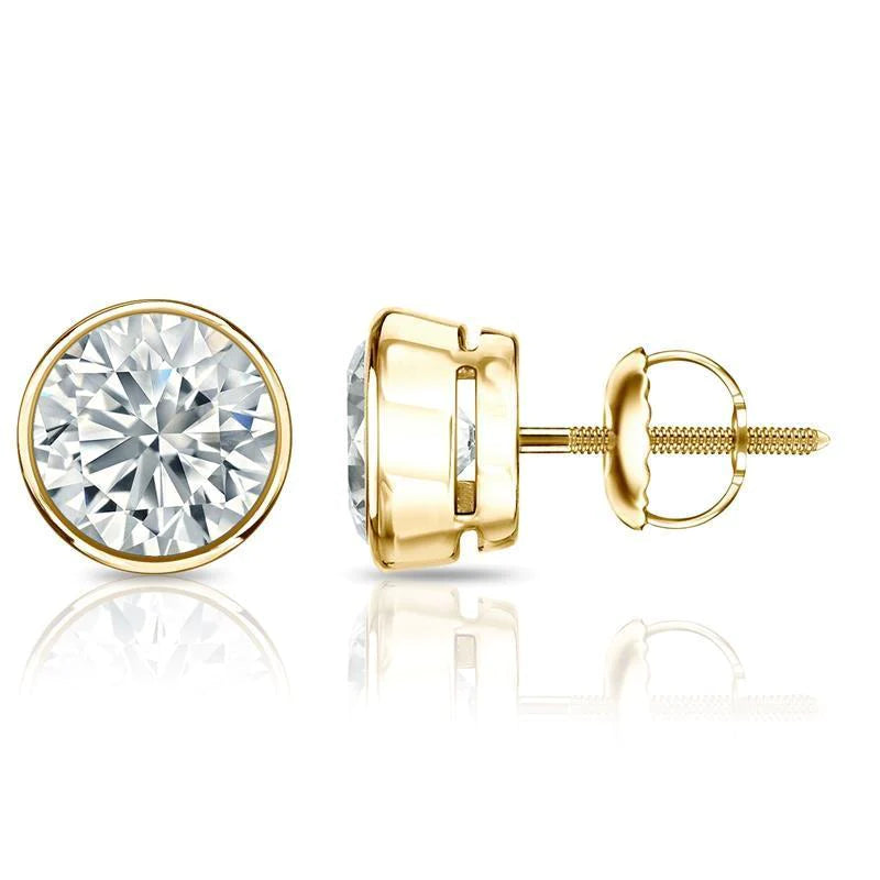 Bezel Set 3.00 Carats Real Diamond Women Studs Earrings Gold 14K New