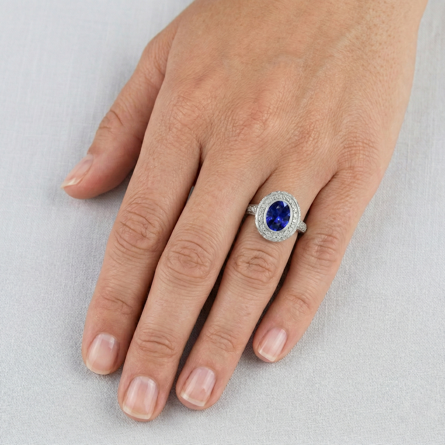 Bezel Set 3.40 Ct Halo Ceylon Sapphire And Natural Earth Mined Diamond ( Not Lab Grown ) s Ring