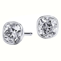 Bezel Set 4 Ct Old Mine Cut Real Diamonds Studs Earrings 14K White Gold