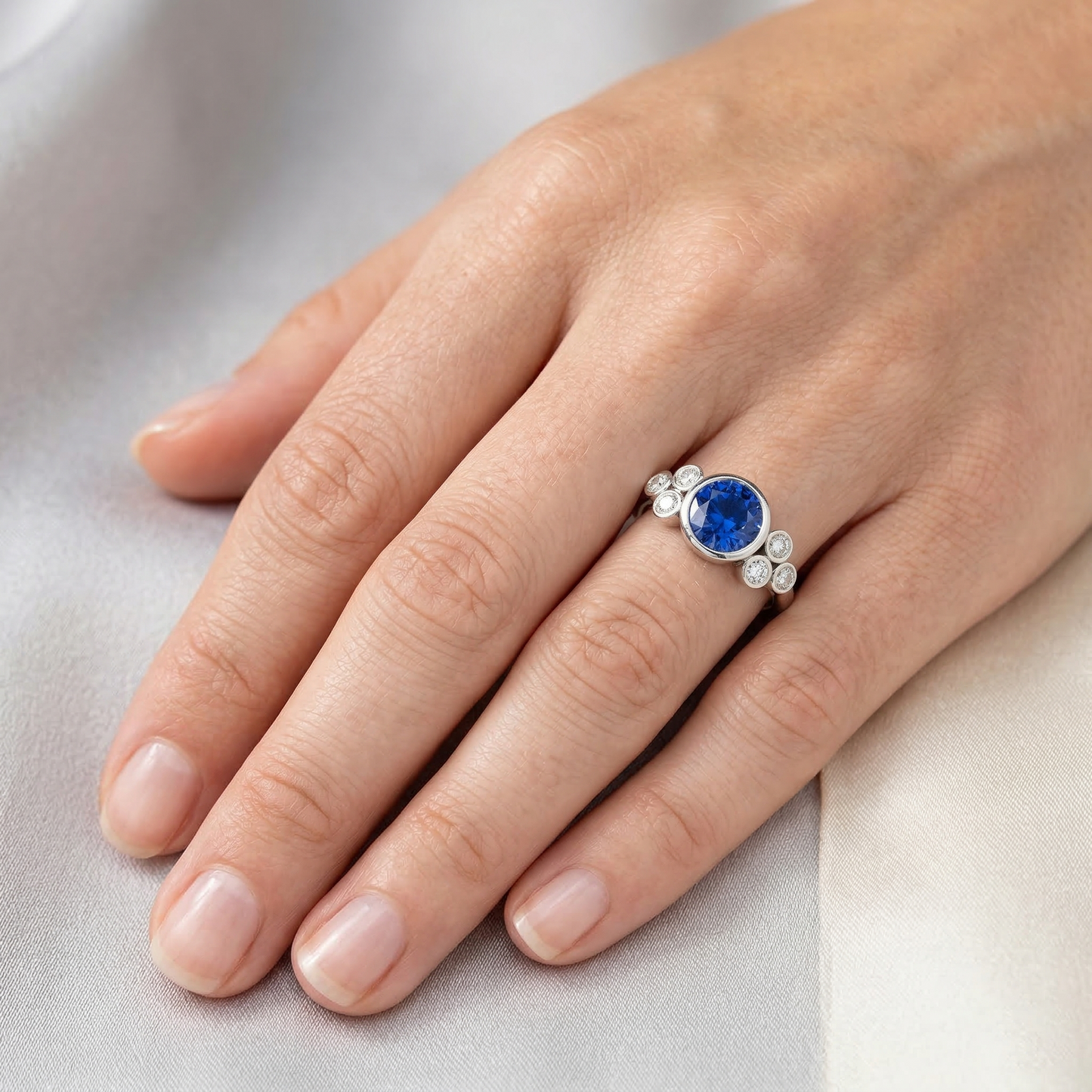Bezel Set Ceylon Sapphire And Natural Earth Mined Diamond ( Not Lab Grown )  Ring White Gold 14K 2.70 Ct