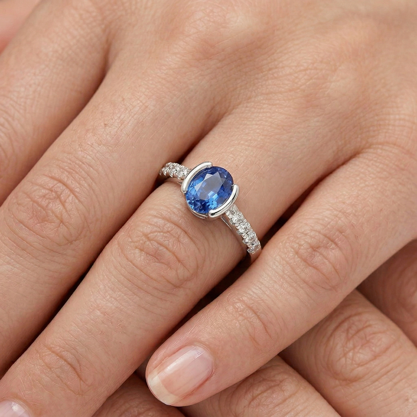 Bezel Set Oval Sri Lanka Blue Sapphire Natural Earth Mined Diamond ( Not Lab Grown )  Ring 1.41 Ct