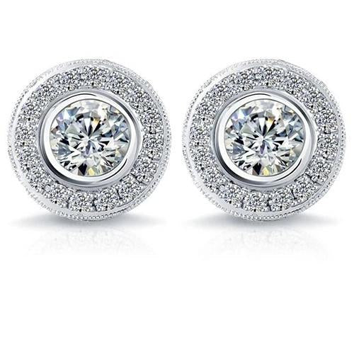 Bezel Set Round 3.40 Carats Natural Diamond Stud Halo Earrings White Gold 14K