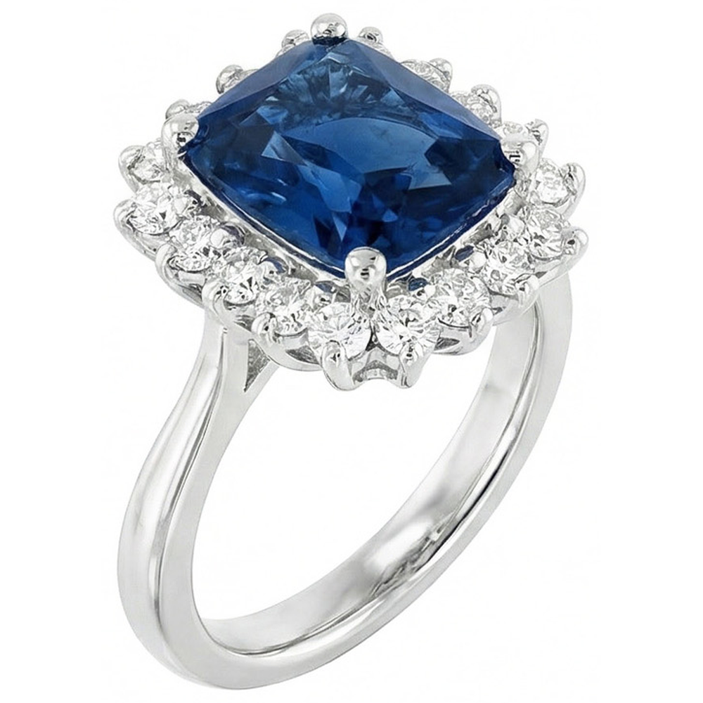 Big Cushion Ceylon Sapphire And Round Natural Earth Mined Diamond ( Not Lab Grown )s 4 Ct Ring White Gold