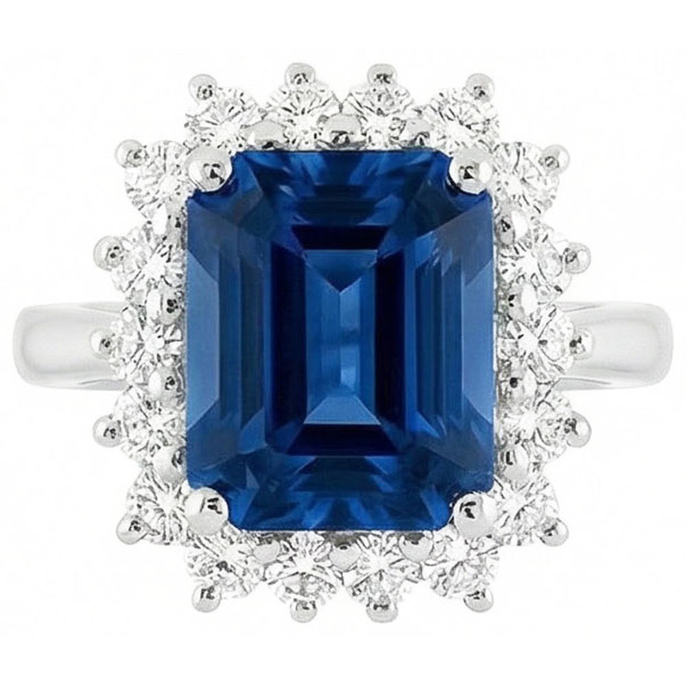 Big Cushion Ceylon Sapphire And Round Natural Earth Mined Diamond ( Not Lab Grown )s 4 Ct Ring White Gold