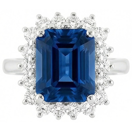 Big Cushion Ceylon Sapphire And Round Natural Earth Mined Diamond ( Not Lab Grown )s 4 Ct Ring White Gold