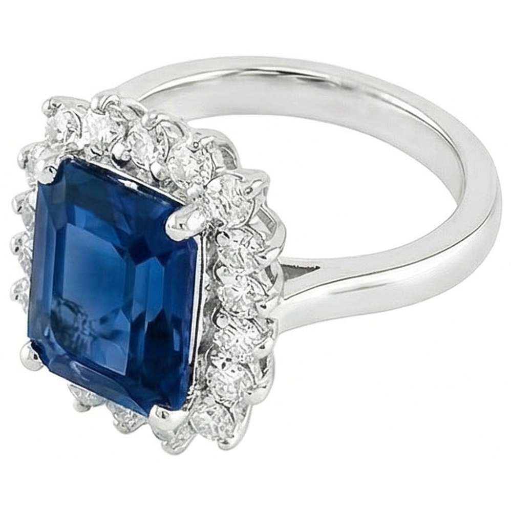 Big Cushion Ceylon Sapphire And Round Natural Earth Mined Diamond ( Not Lab Grown )s 4 Ct Ring White Gold