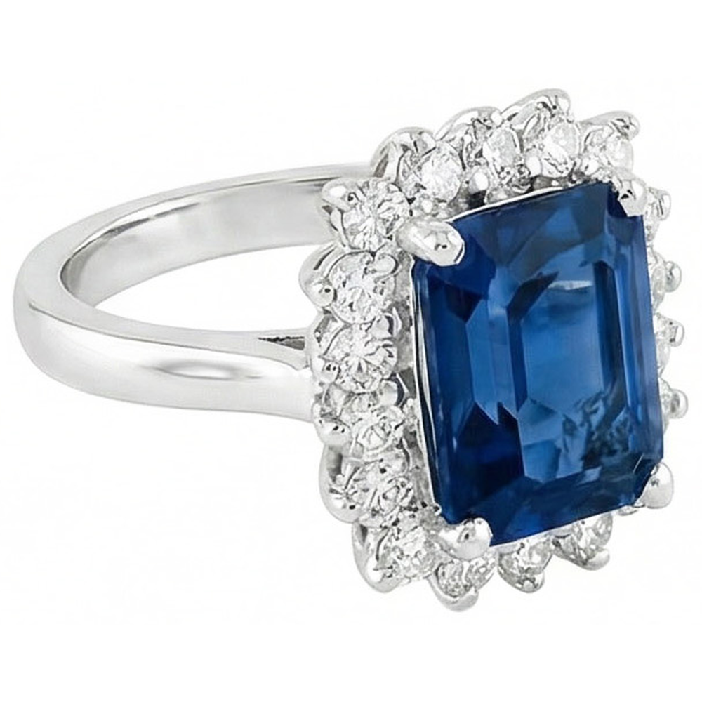 Big Cushion Ceylon Sapphire And Round Natural Earth Mined Diamond ( Not Lab Grown )s 4 Ct Ring White Gold