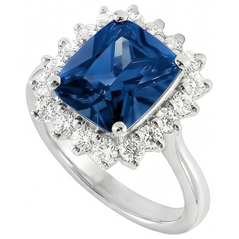 Big Cushion Ceylon Sapphire And Round Natural Earth Mined Diamond ( Not Lab Grown )s 4 Ct Ring White Gold