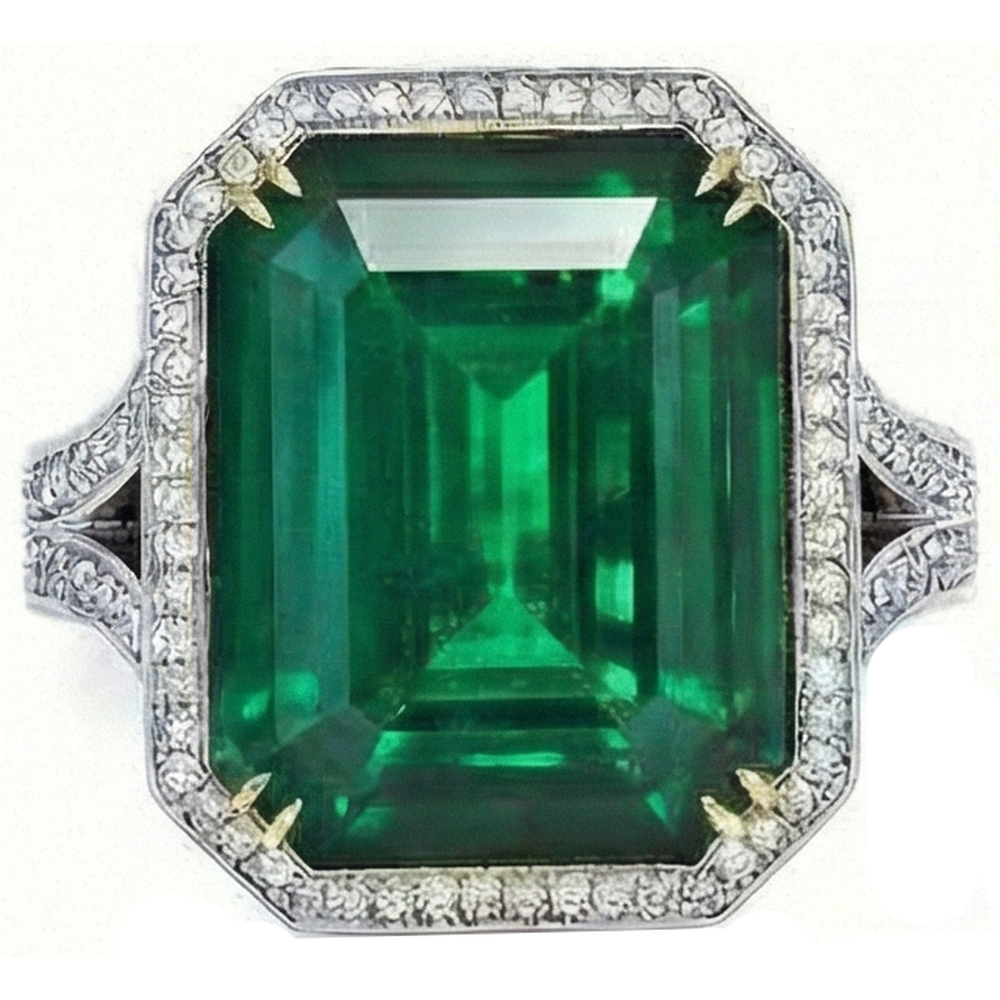 Big Emerald Cut Green Emerald & Natural Earth Mined Diamond Ring Solid Two Tone Gold 24.75 Ct