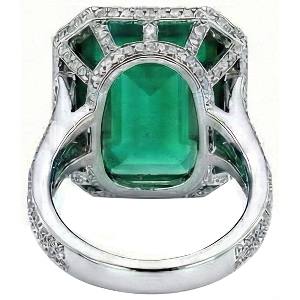 Big Emerald Cut Green Emerald & Natural Earth Mined Diamond Ring Solid Two Tone Gold 24.75 Ct