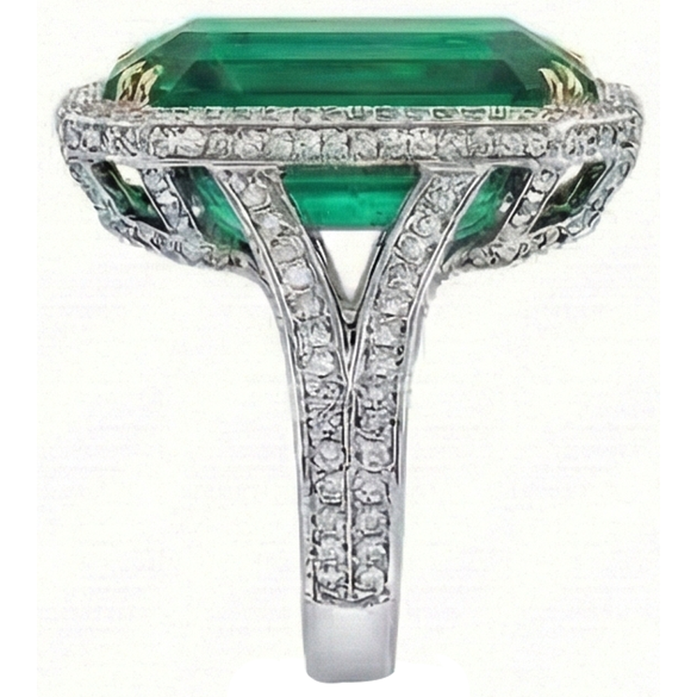Big Emerald Cut Green Emerald & Natural Earth Mined Diamond Ring Solid Two Tone Gold 24.75 Ct