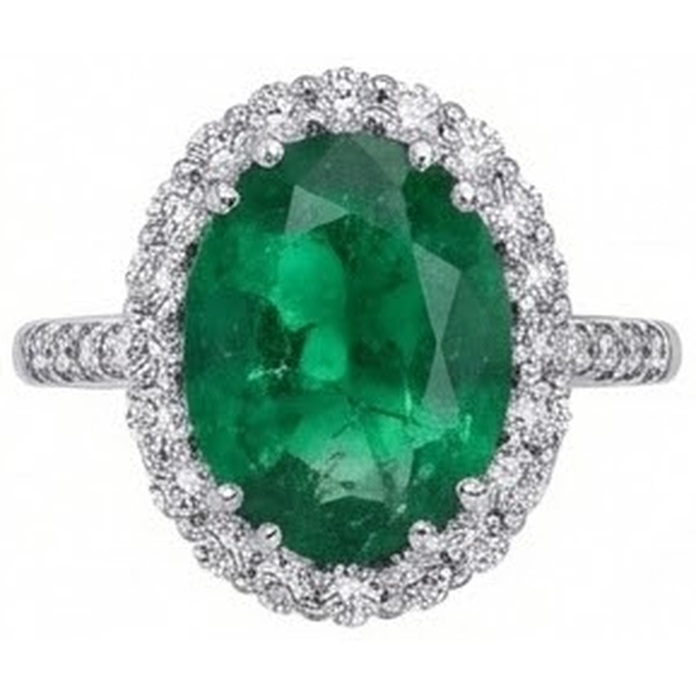Big Green Emerald With Natural Earth Mined Diamond ( Not Lab Grown )s 4.25 Carats Engagement Ring 14K White Gold