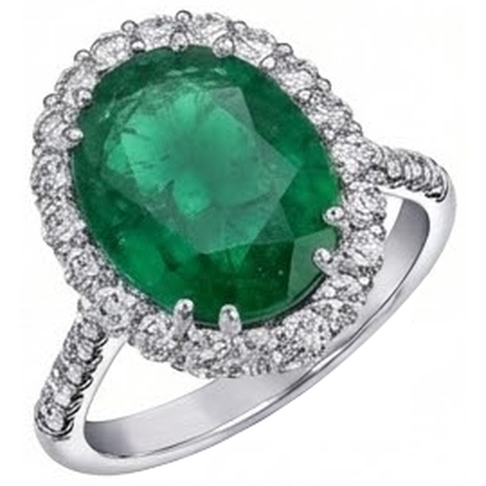 Big Green Emerald With Natural Earth Mined Diamond ( Not Lab Grown )s 4.25 Carats Engagement Ring 14K White Gold