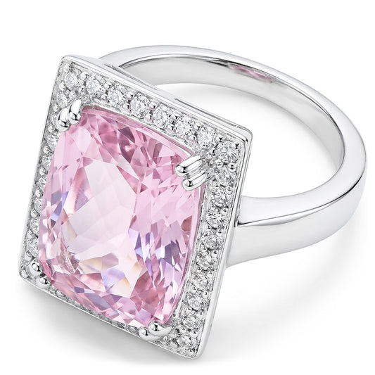 Big Kunzite With Natural Earth Mined Diamond ( Not Lab Grown )s 25.50 Carats Ring 14K White Gold