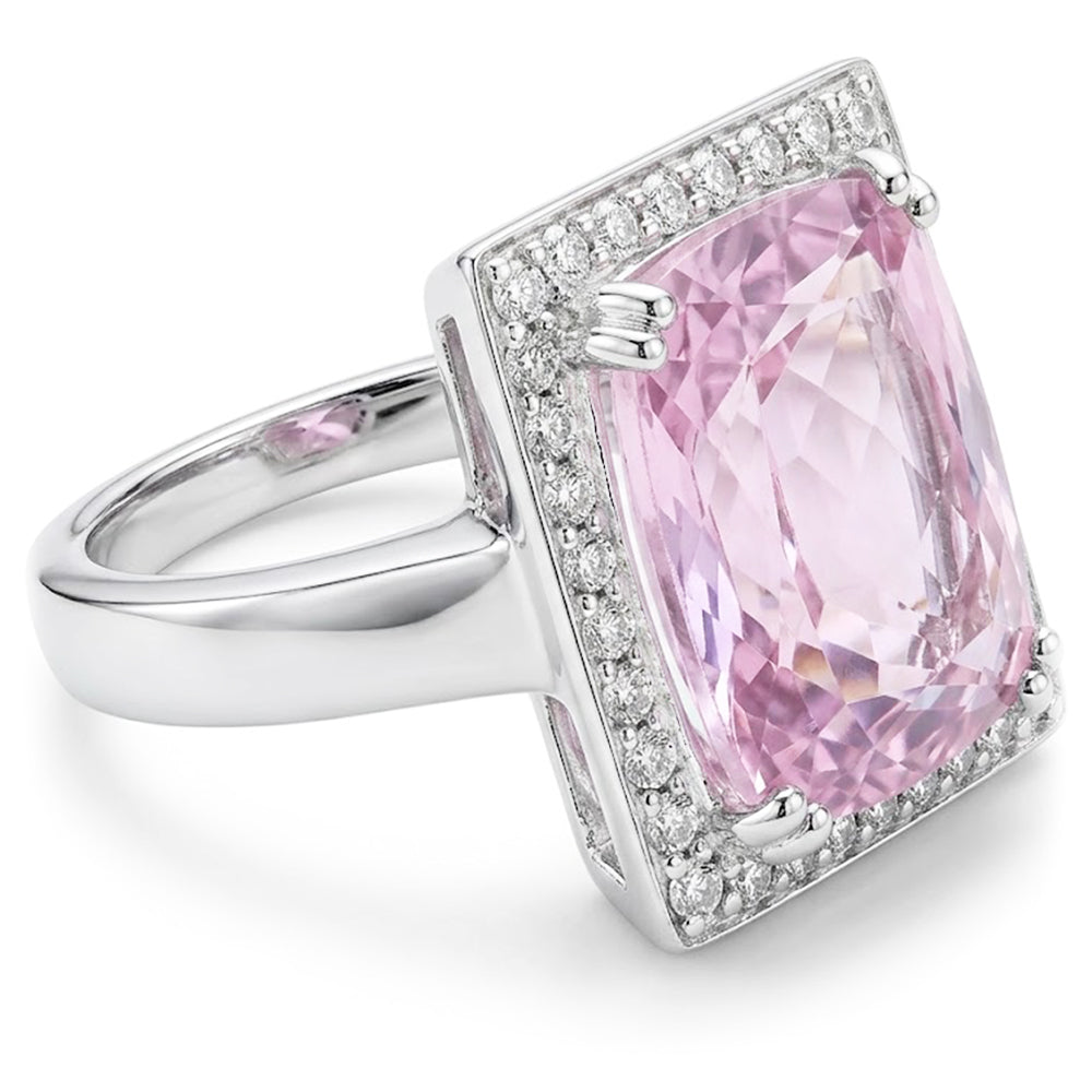Big Kunzite With Natural Earth Mined Diamond ( Not Lab Grown )s 25.50 Carats Ring 14K White Gold