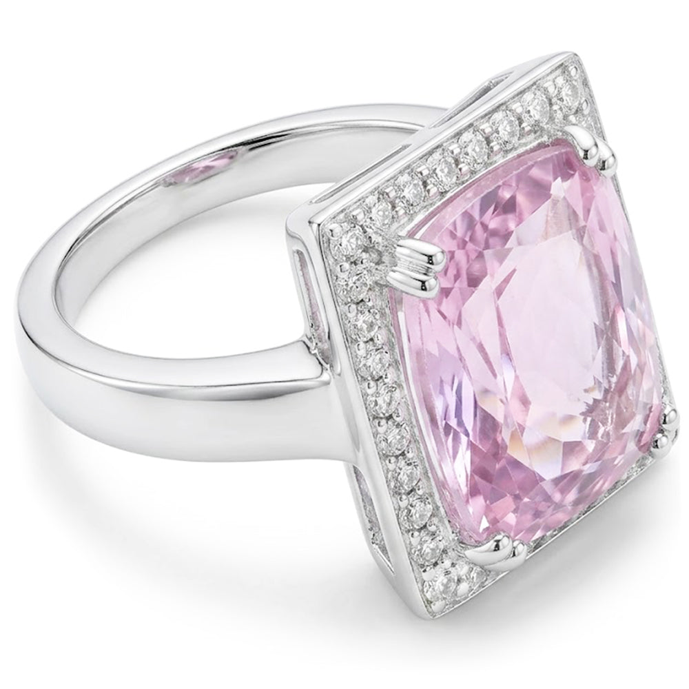 Big Kunzite With Natural Earth Mined Diamond ( Not Lab Grown )s 25.50 Carats Ring 14K White Gold