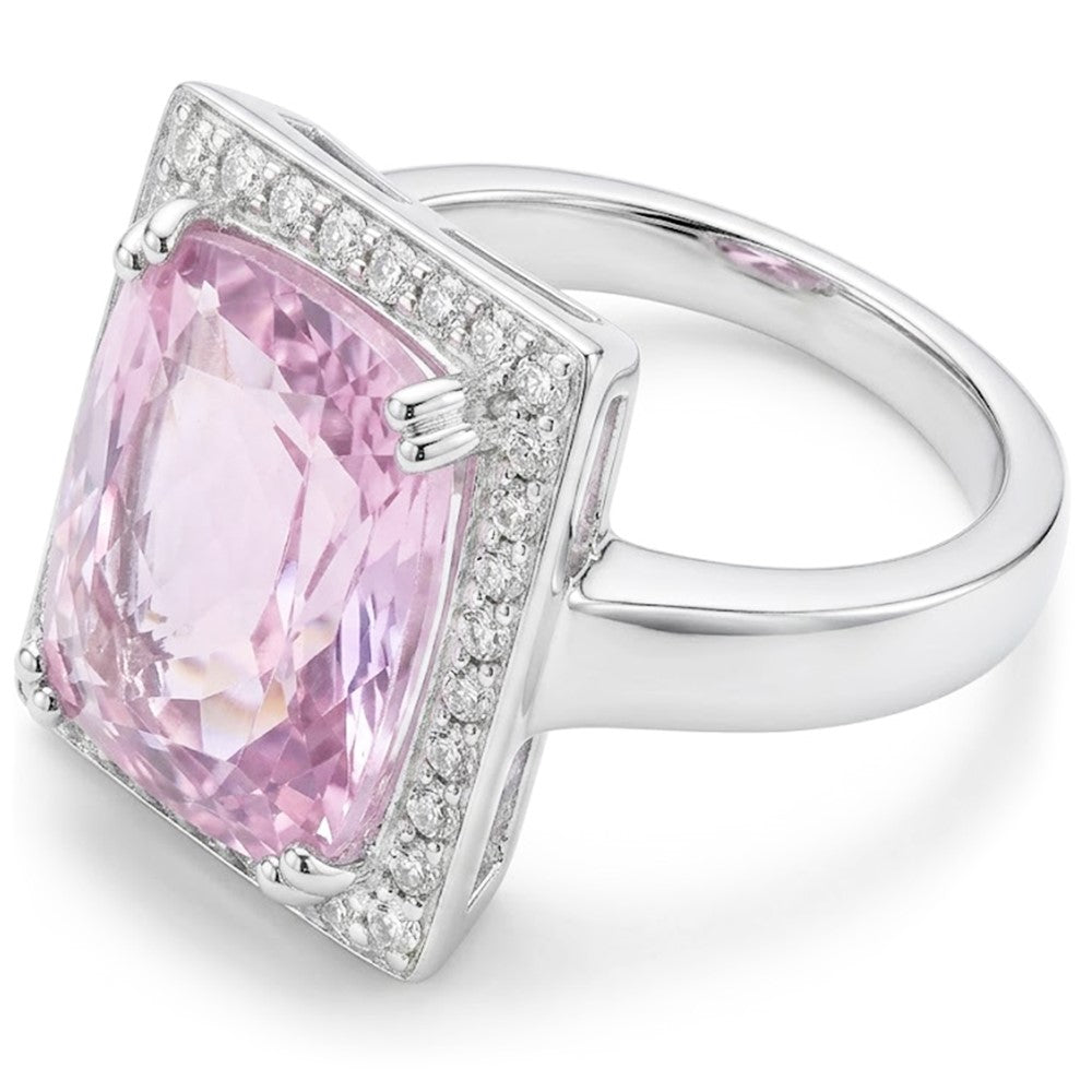 Big Kunzite With Natural Earth Mined Diamond ( Not Lab Grown )s 25.50 Carats Ring 14K White Gold