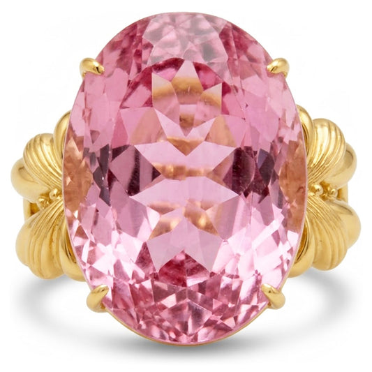 Big Oval Cut Pink Kunzite Gemstone Ring 30 Ct. Yellow Gold 14K