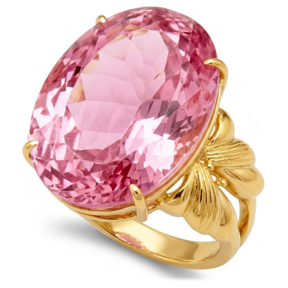 Big Oval Cut Pink Kunzite Gemstone Ring 30 Ct. Yellow Gold 14K