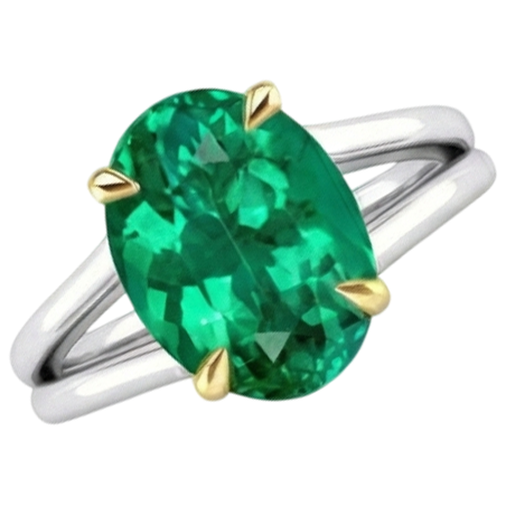 Fine Emerald Oval Precious Stone Ring in 14K Two Tone Gold – front view