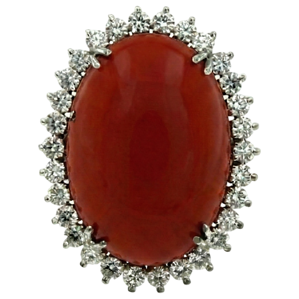 Big Oval Red Coral With Small Round Natural Earth Mined Diamond ( Not Lab Grown )s 13 Ct Ring White Gold 14K