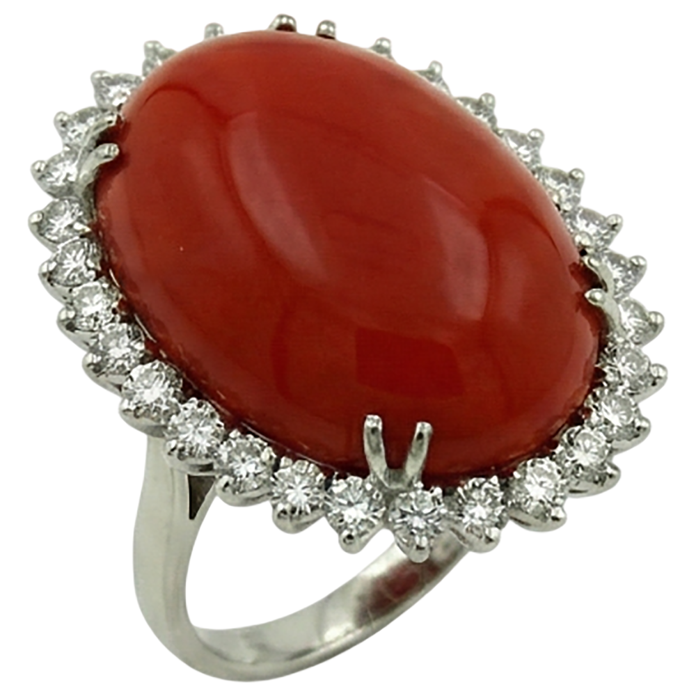 Big Oval Red Coral With Small Round Natural Earth Mined Diamond ( Not Lab Grown )s 13 Ct Ring White Gold 14K