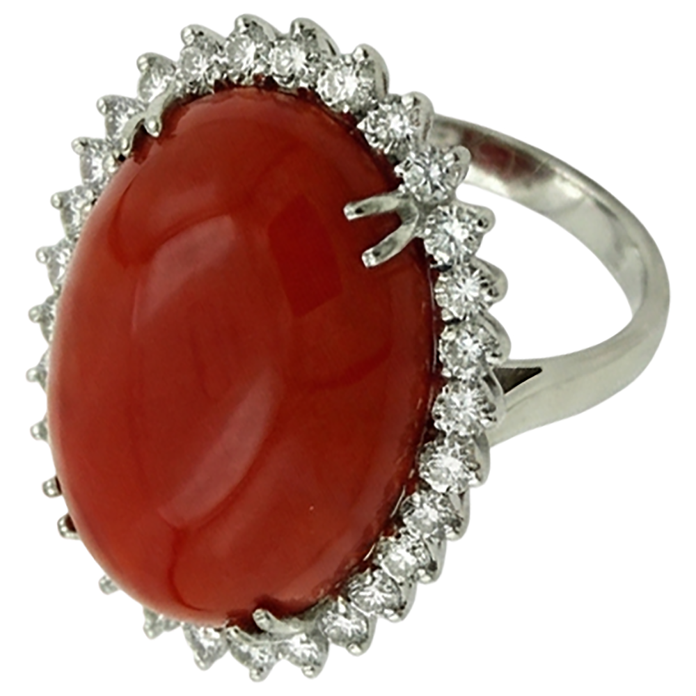 Big Oval Red Coral With Small Round Natural Earth Mined Diamond ( Not Lab Grown )s 13 Ct Ring White Gold 14K