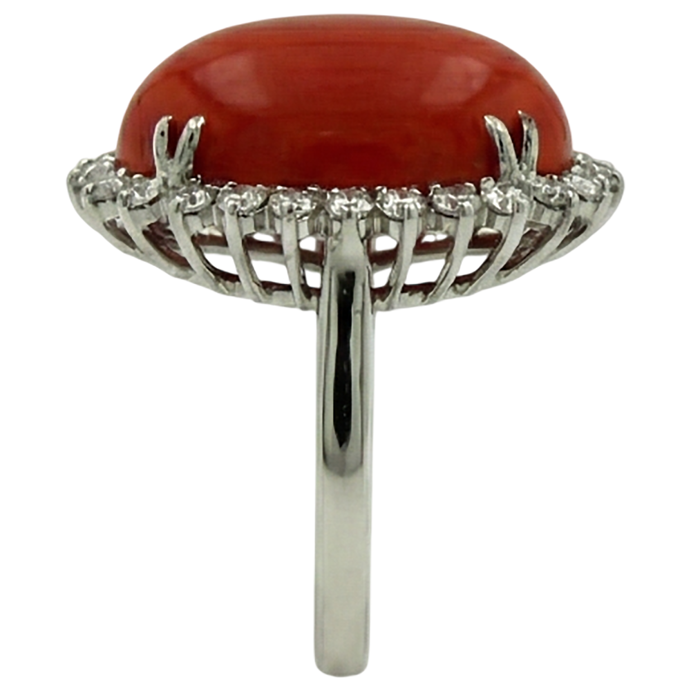 Big Oval Red Coral With Small Round Natural Earth Mined Diamond ( Not Lab Grown )s 13 Ct Ring White Gold 14K