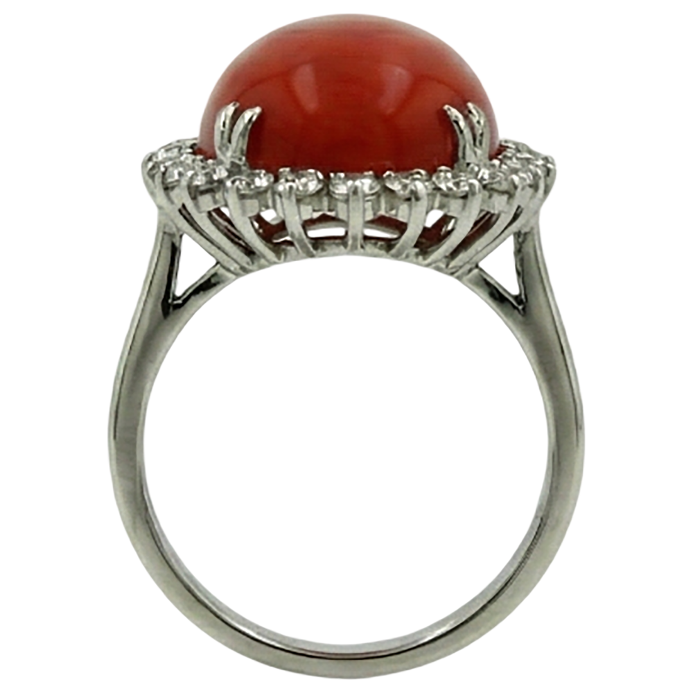 Big Oval Red Coral With Small Round Natural Earth Mined Diamond ( Not Lab Grown )s 13 Ct Ring White Gold 14K