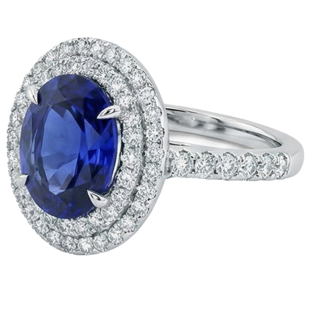Big Oval Sri Lanka Blue Sapphire Natural Earth Mined Diamond ( Not Lab Grown ) Ring 4.55 Ct White Gold 14K