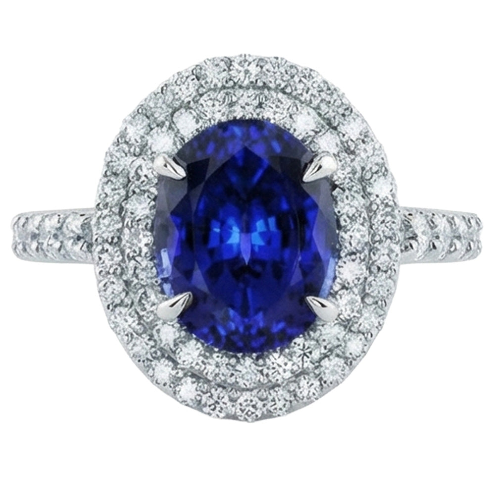 Big Oval Sri Lanka Blue Sapphire Natural Earth Mined Diamond ( Not Lab Grown ) Ring 4.55 Ct White Gold 14K