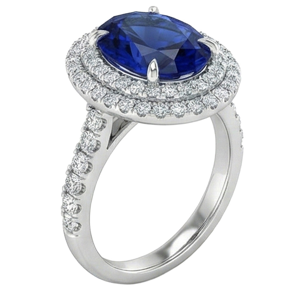 Big Oval Sri Lanka Blue Sapphire Natural Earth Mined Diamond ( Not Lab Grown ) Ring 4.55 Ct White Gold 14K