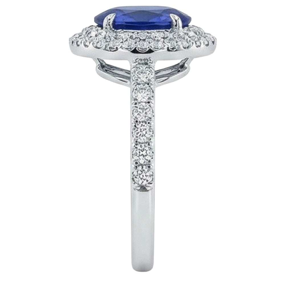 Big Oval Sri Lanka Blue Sapphire Natural Earth Mined Diamond ( Not Lab Grown ) Ring 4.55 Ct White Gold 14K