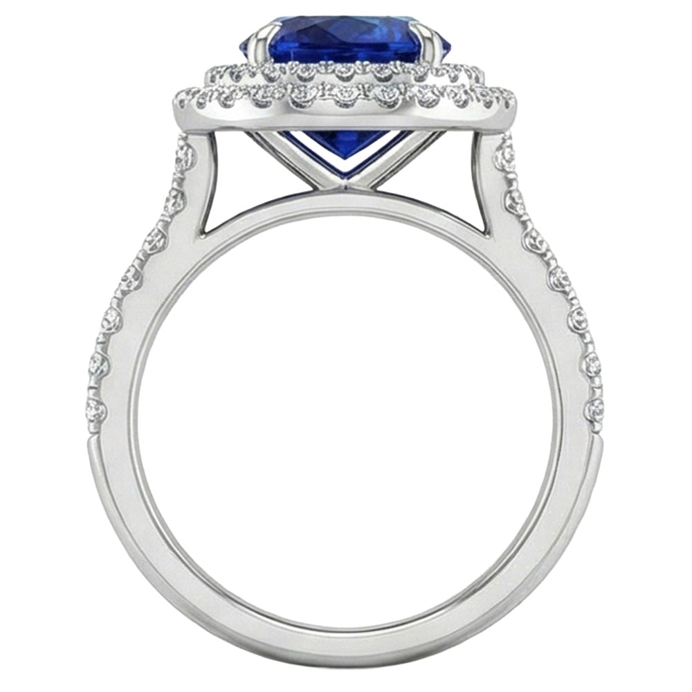 Big Oval Sri Lanka Blue Sapphire Natural Earth Mined Diamond ( Not Lab Grown ) Ring 4.55 Ct White Gold 14K