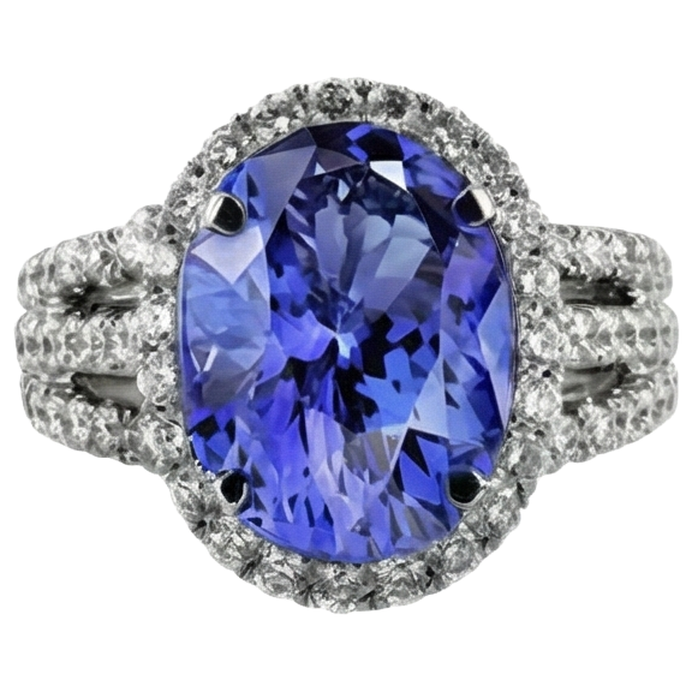 Big Oval Tanzanite With Small Round Natural Earth Mined Diamond ( Not Lab Grown )s 6.70 Ct Ring Gold 14K
