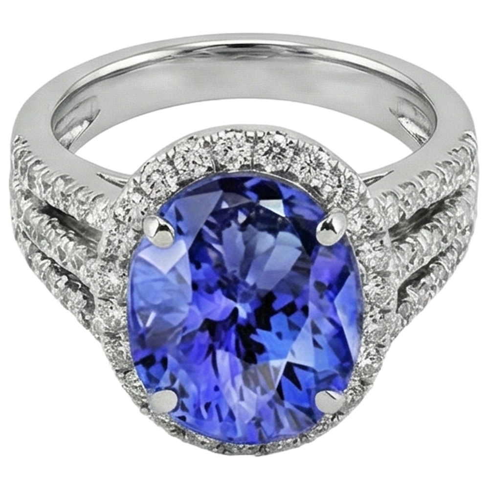 Big Oval Tanzanite With Small Round Natural Earth Mined Diamond ( Not Lab Grown )s 6.70 Ct Ring Gold 14K