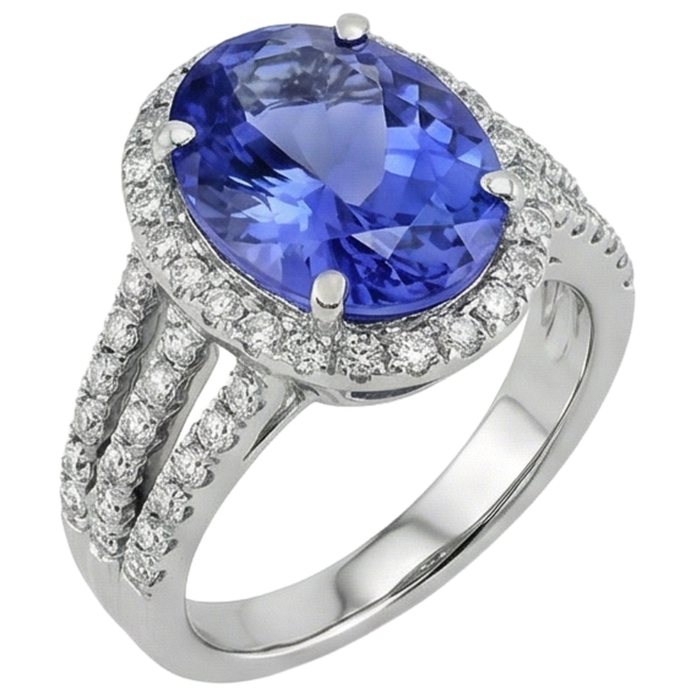 Big Oval Tanzanite With Small Round Natural Earth Mined Diamond ( Not Lab Grown )s 6.70 Ct Ring Gold 14K