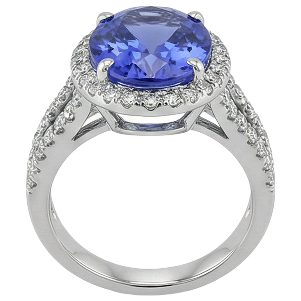 Big Oval Tanzanite With Small Round Natural Earth Mined Diamond ( Not Lab Grown )s 6.70 Ct Ring Gold 14K