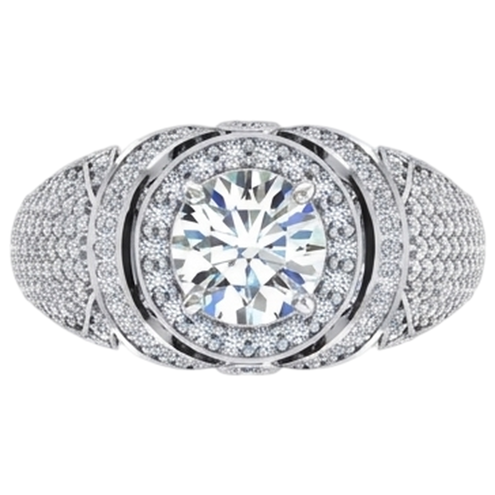 Big Round Natural Earth Mined Diamond ( Not Lab Grown ) Men's Ring With Accents 5.50 Carats White Gold 14K