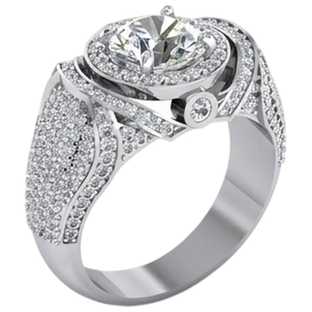 Big Round Natural Earth Mined Diamond ( Not Lab Grown ) Men's Ring With Accents 5.50 Carats White Gold 14K