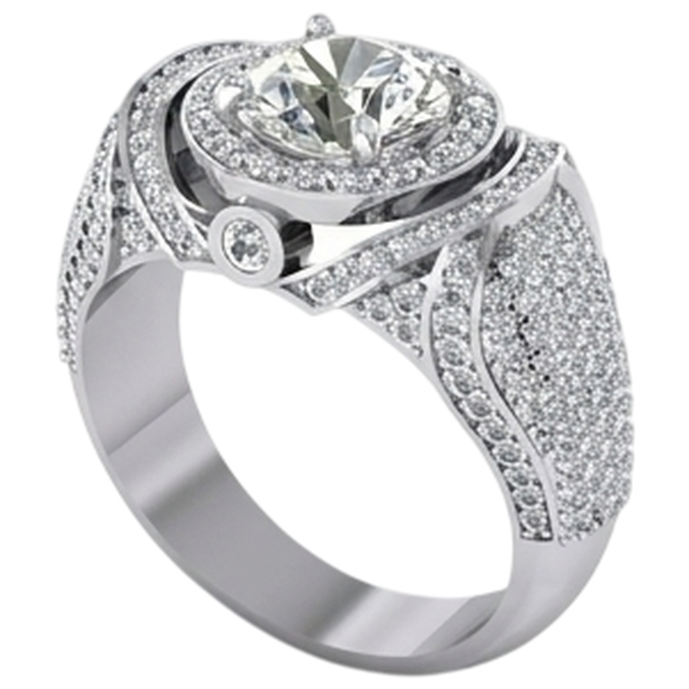 Big Round Natural Earth Mined Diamond ( Not Lab Grown ) Men's Ring With Accents 5.50 Carats White Gold 14K