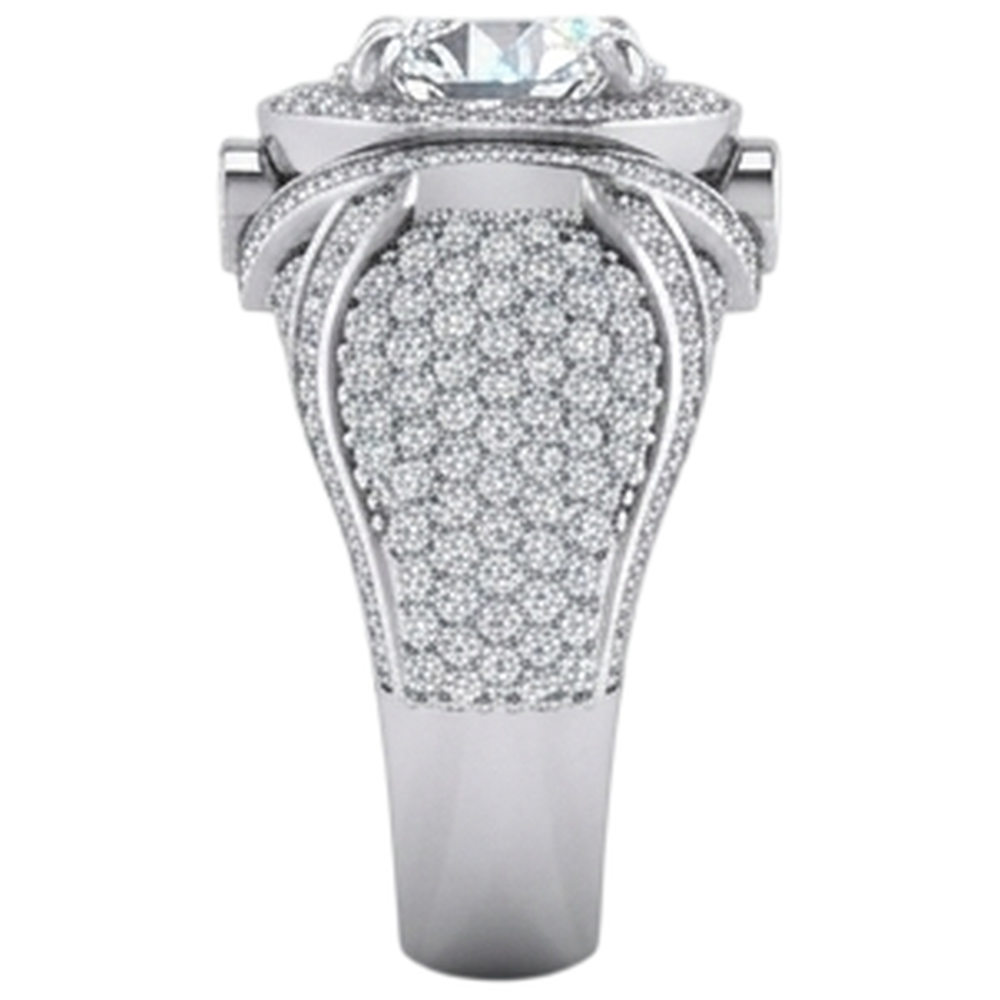 Big Round Natural Earth Mined Diamond ( Not Lab Grown ) Men's Ring With Accents 5.50 Carats White Gold 14K