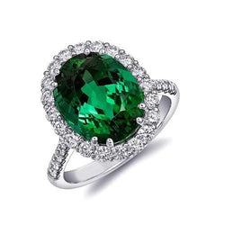 Big Green Emerald With Diamonds 4.25 Carats Engagement Ring 14K White Gold